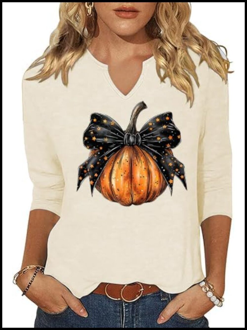 3/4 Sleeve V Neck Womens Fall Tee Cute Halloween Pumpkin Graphic Blouse